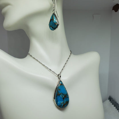 Matrix Turquoise Teardrop Sterling Silver Pendant and Earrings Gift Set