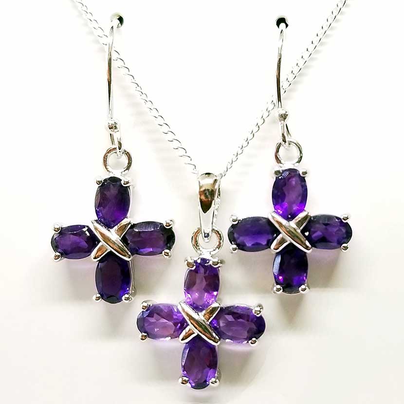 Amethyst Cross .925 Silver Pendant and Earring Gift Set