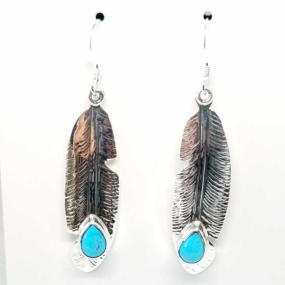 Silver Feather Accented with Turquoise Teardrop