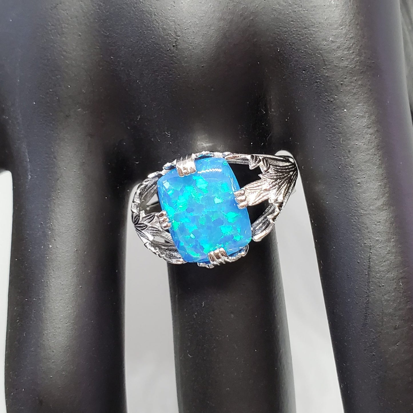 Radiant Cut Blue Fire Opal .925 Sterling Silver Ring