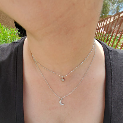 Layered Star Moon 925 Sterling Silver Cubic Zirconia Clavicle Chain Necklace